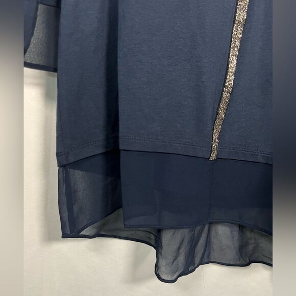 Soft Surroundings Womens XL Beaded V Neck 3/4 Mesh Sleeves Hem Dressy Navy Blue - Picture 5 of 8